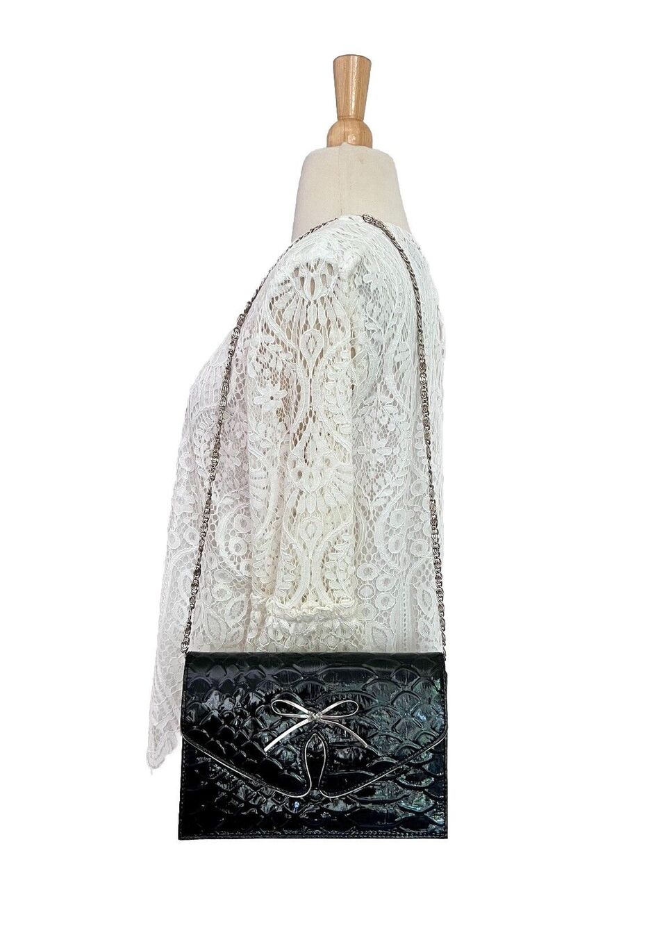 Bellini Connie Sweet Silver Bow Black Leather Croc Print Shoulder Bag Purse